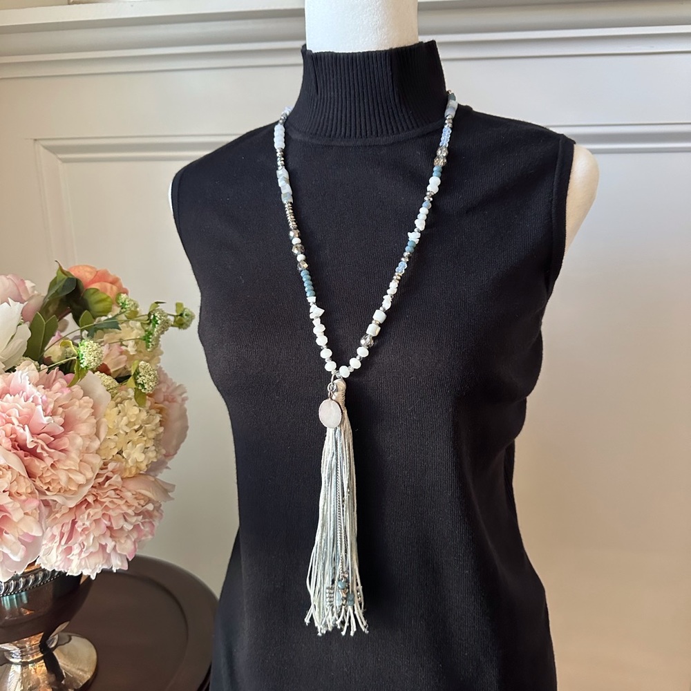 Beautiful multi bead necklace, silk tassel, adjustable